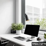 Home 20 무역협상가를 위한 재택 근무 효율성 높이기 - A modern home office setup for an international business professional, featuring a minimalist desk n...