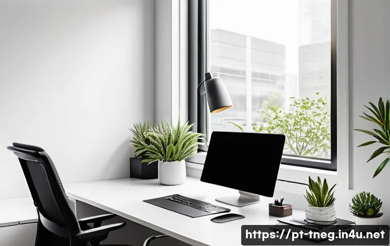 무역협상가를 위한 재택 근무 효율성 높이기 - A modern home office setup for an international business professional, featuring a minimalist desk n...