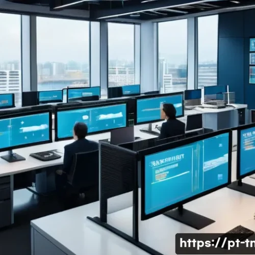 Home 31 무역협상가를 위한 최신 무역 규제 정보 - A modern customs office environment with professionals analyzing import and export documents on mult...