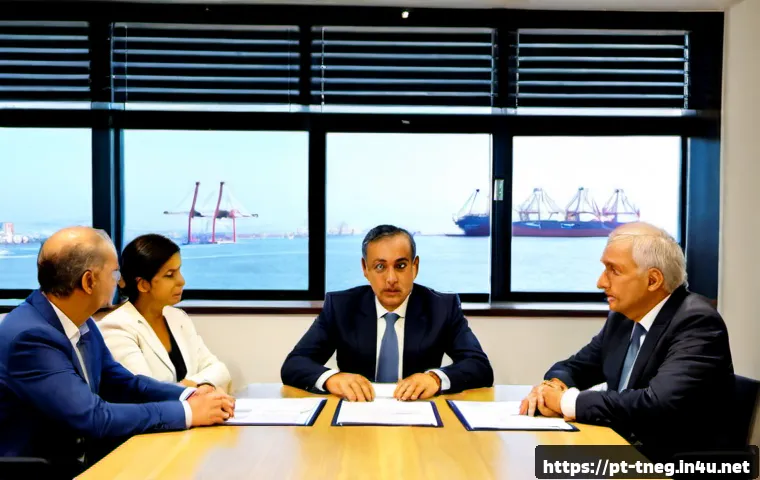 무역협상 중재 사례와 결과 분석 - Photorealistic international trade mediation meeting in Lisbon, Portugal: a Portuguese mediator calm...